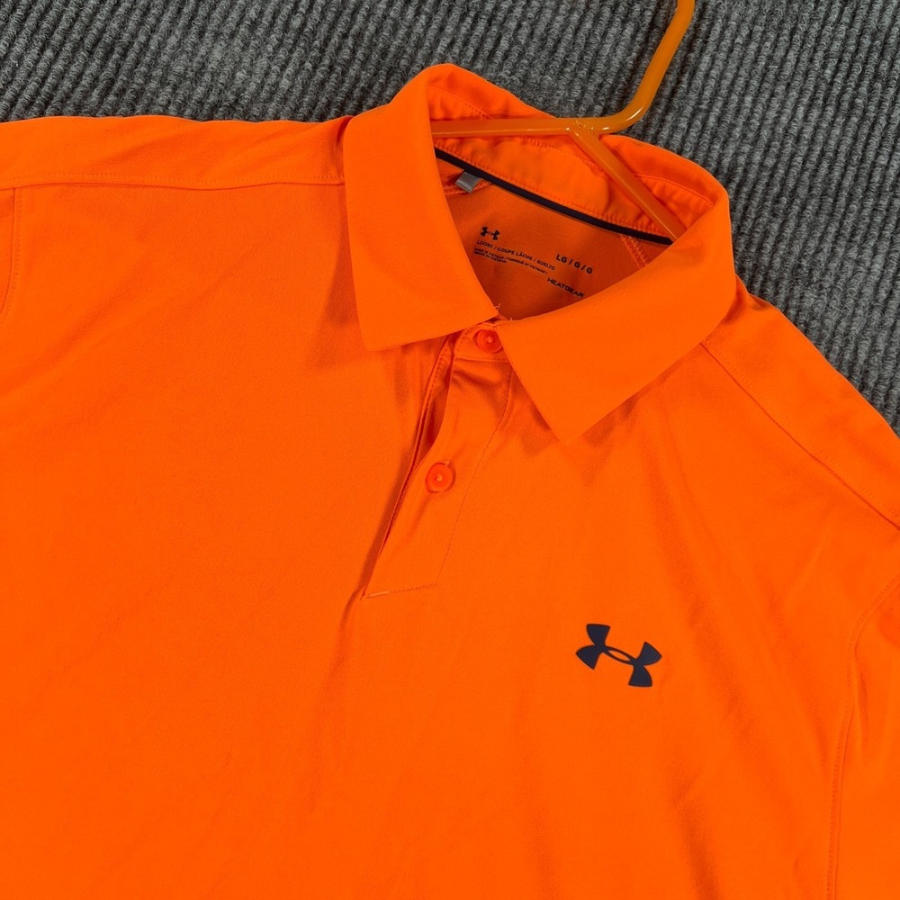 Under Armour Polo Shirt Mens Large Orange Short Sleeve Heat Gear Loose Fit Golf